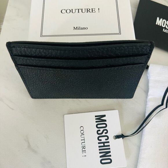 MOSCHINO Logo Leather Card Case, Designer Italian Luxury Wallet, Black Gold, NWT - Picture 8 of 13
